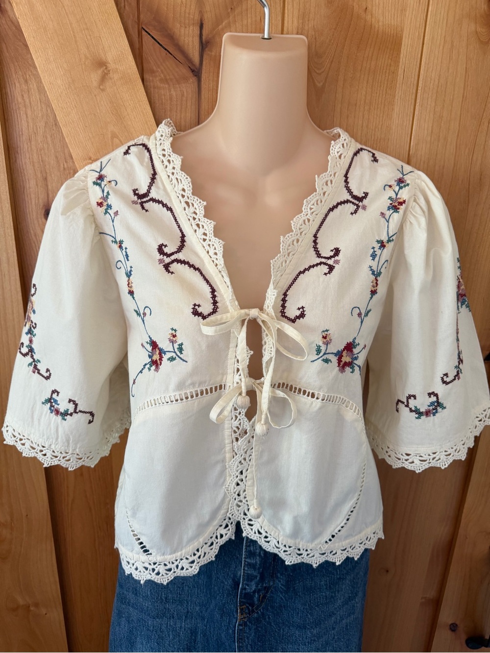 *SOLD* Jennifer & Grace Embroidered Cotton Peasant Blouse Boho Cottagecore L - Picture 2 of 14